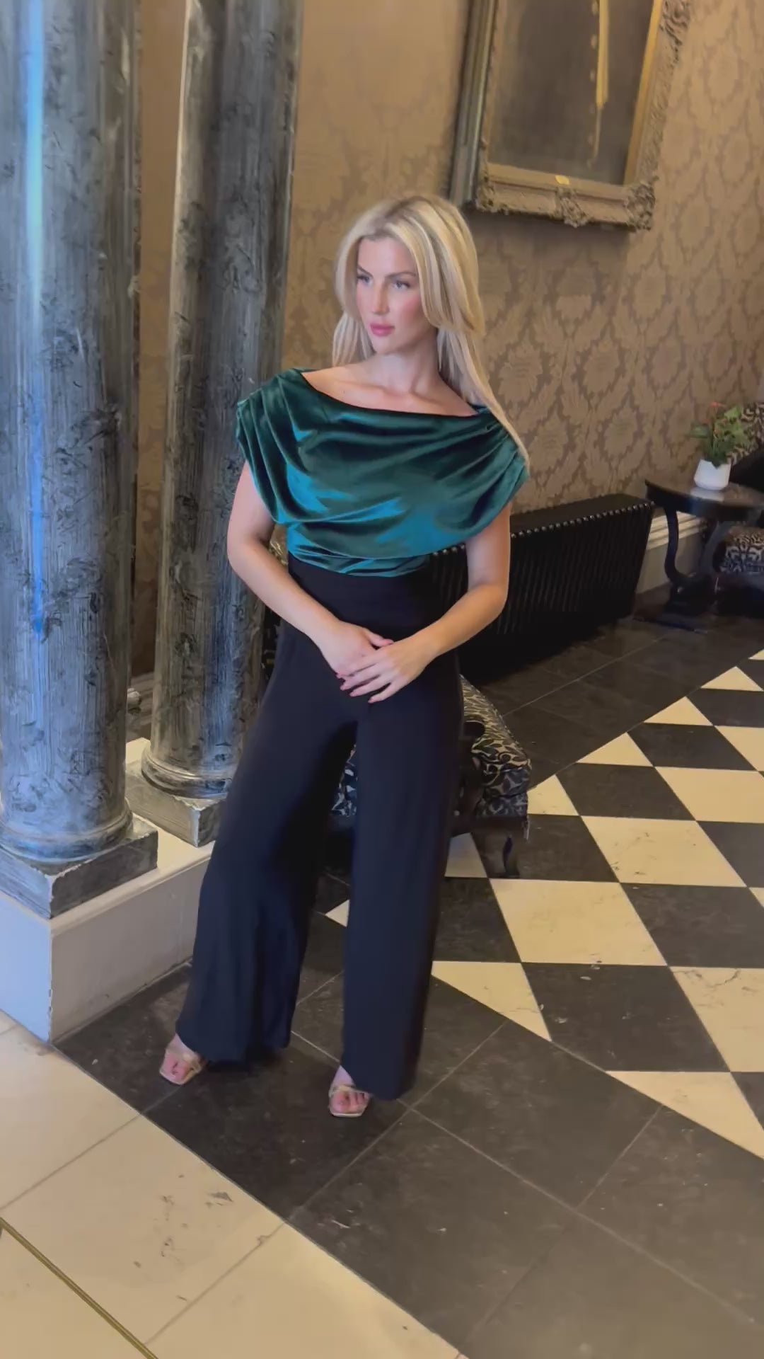 Carbon jumpsuit in forest green velvet & black