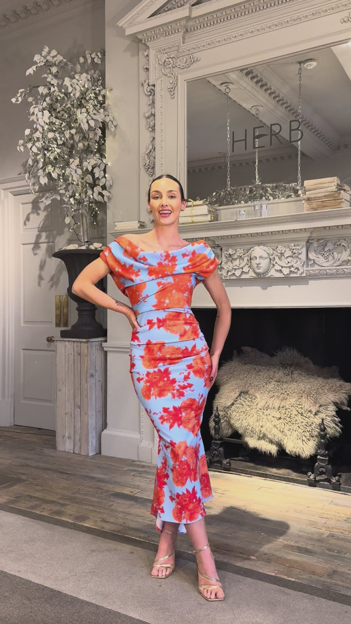 SS26 Mercury midi dress in powder blue &amp; orange floral D3