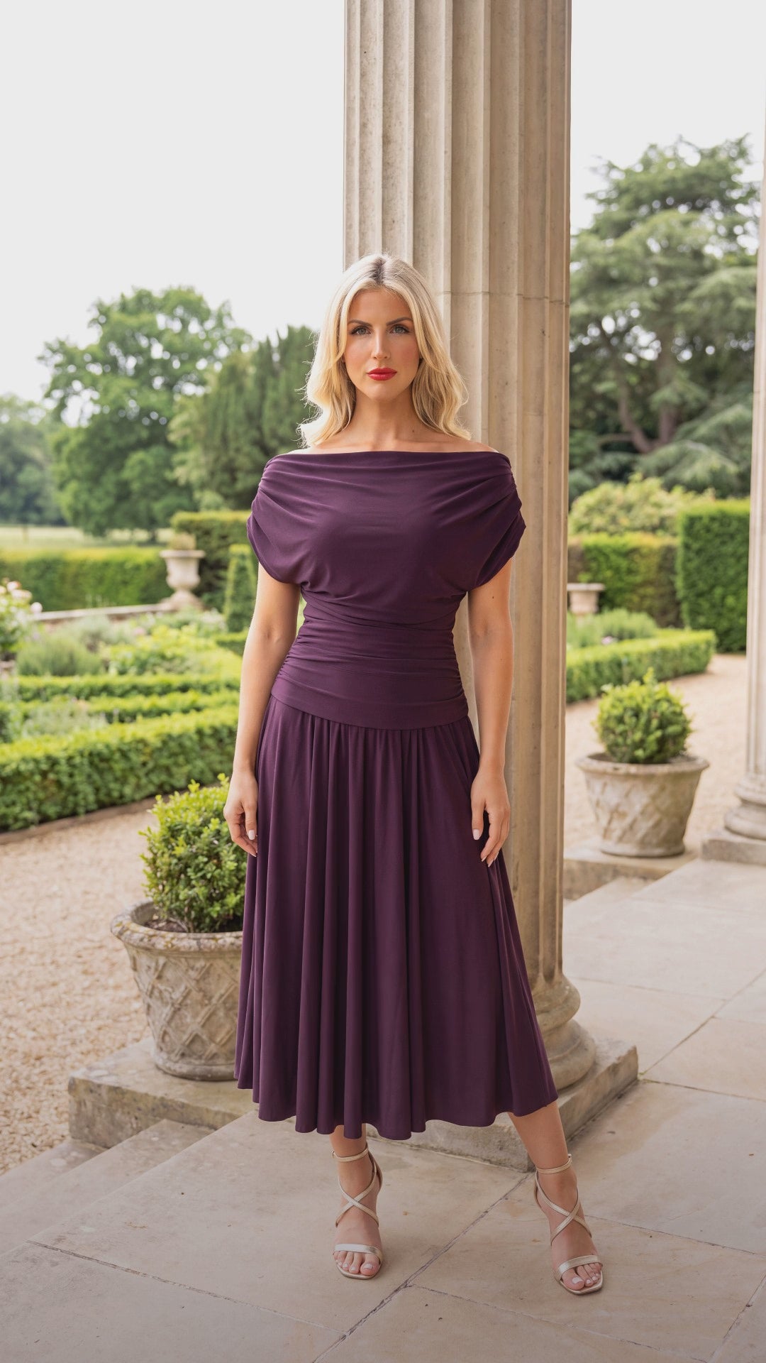 Carbon tea length dress in blackcurrant T1/D4