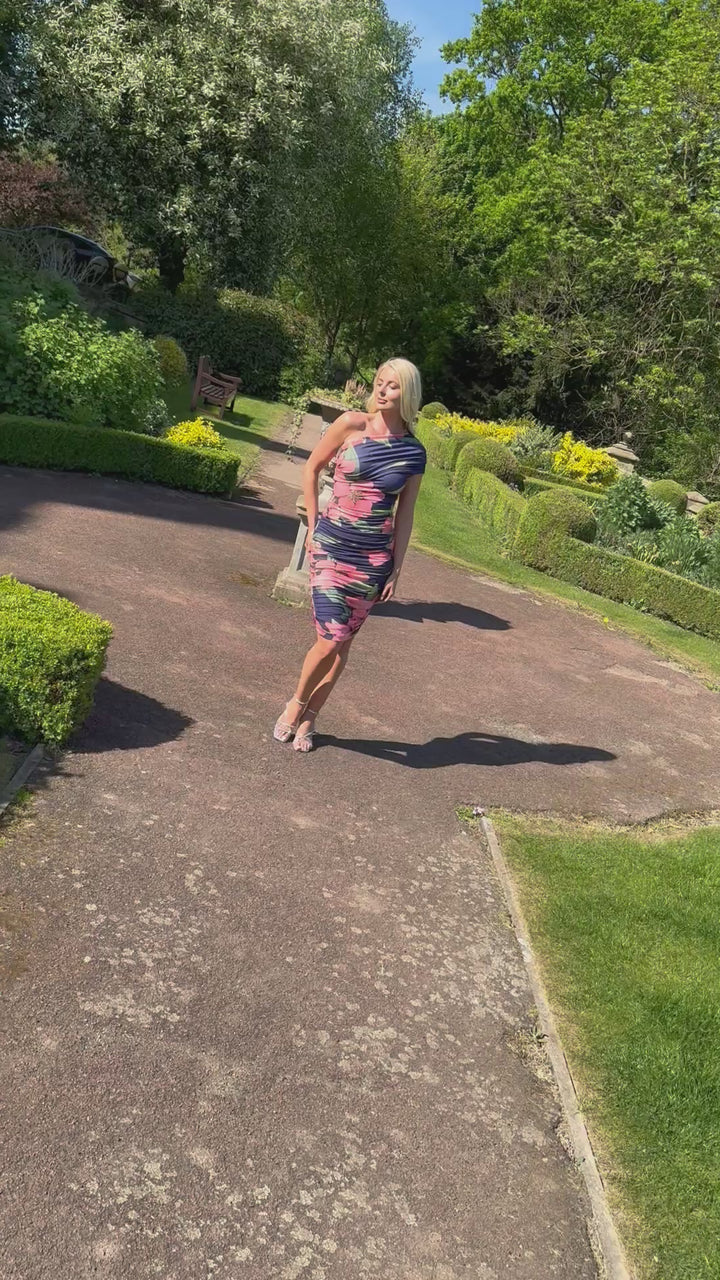 Neon dress in coral & navy floral