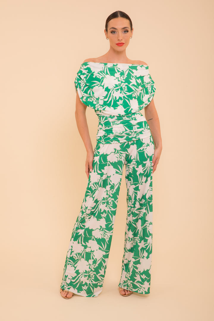 SS26 carbon jumpsuit in green & ivory print