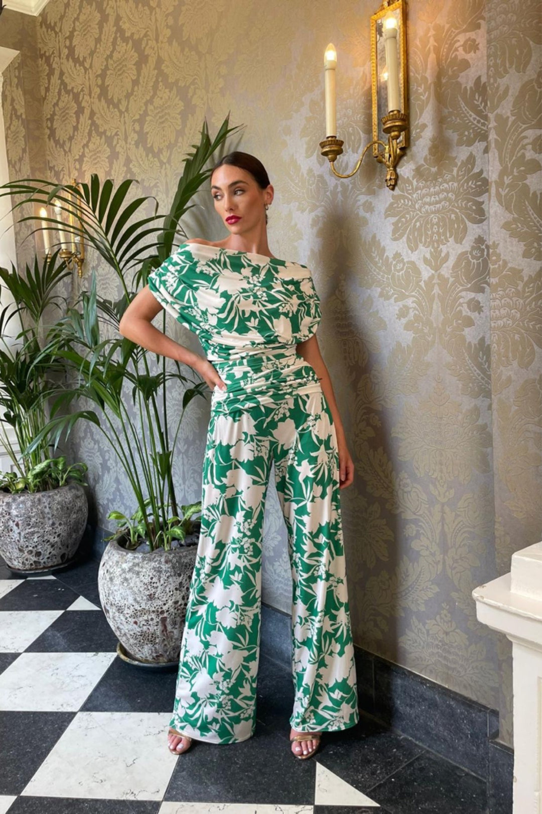 SS26 carbon jumpsuit in green & ivory print